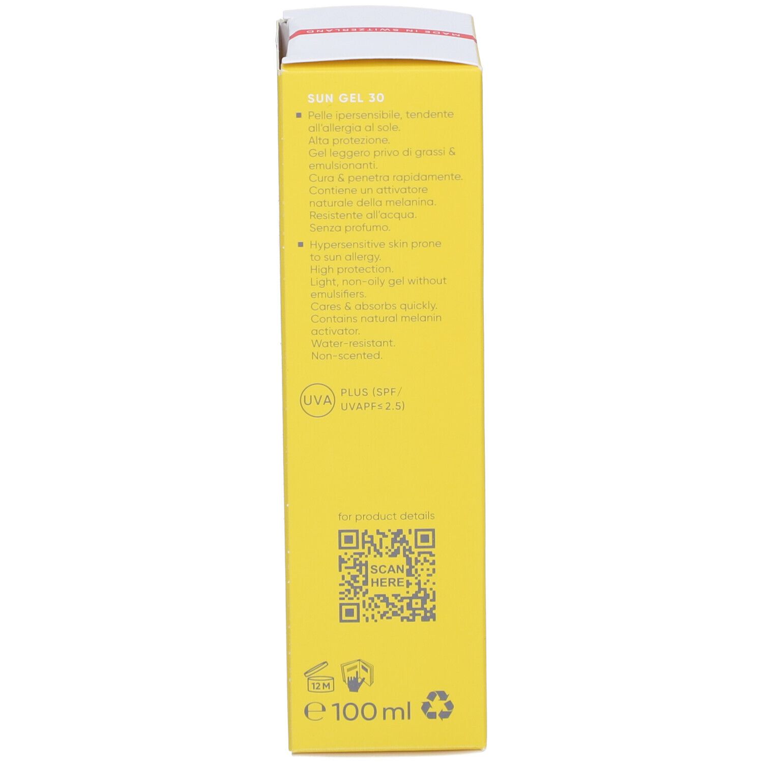 Rückseite der gelben Schachtel Louis Widmer Sun Gel SPF 30. Text: Sun Gel, für sonnenempfindliche Haut. QR-Code. 100 ml.