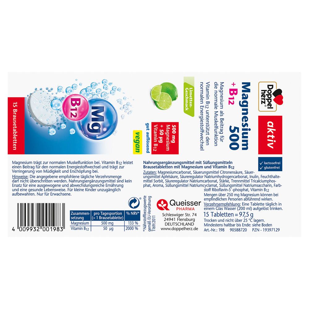 Rückseite der Verpackung mit Produktinformationen. Aufschrift: Magnesium + B12, 500. Enthält Informationen zu Inhaltsstoffen und Dosierung.