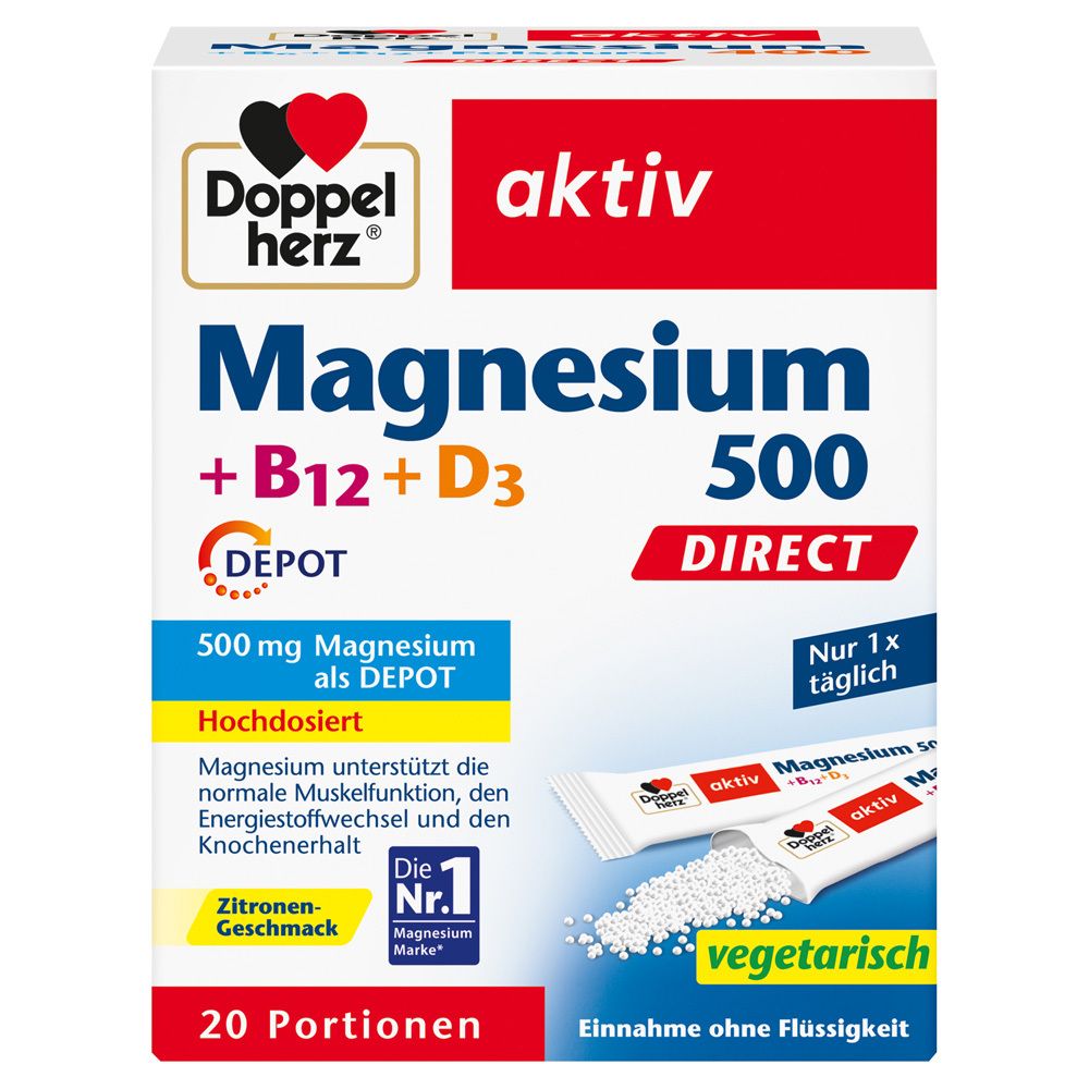 Verpackung von Doppelherz Magnesium 500+B12+D3 Depot DIRECT. Enthält 20 Portionen. Mit vegetarischem Siegel.