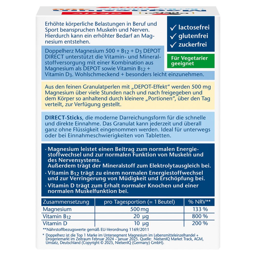 Rückseite der Verpackung von Doppelherz Magnesium 500+B12+D3 Depot DIRECT. Informationen zu Inhaltsstoffen und Nährwerten.