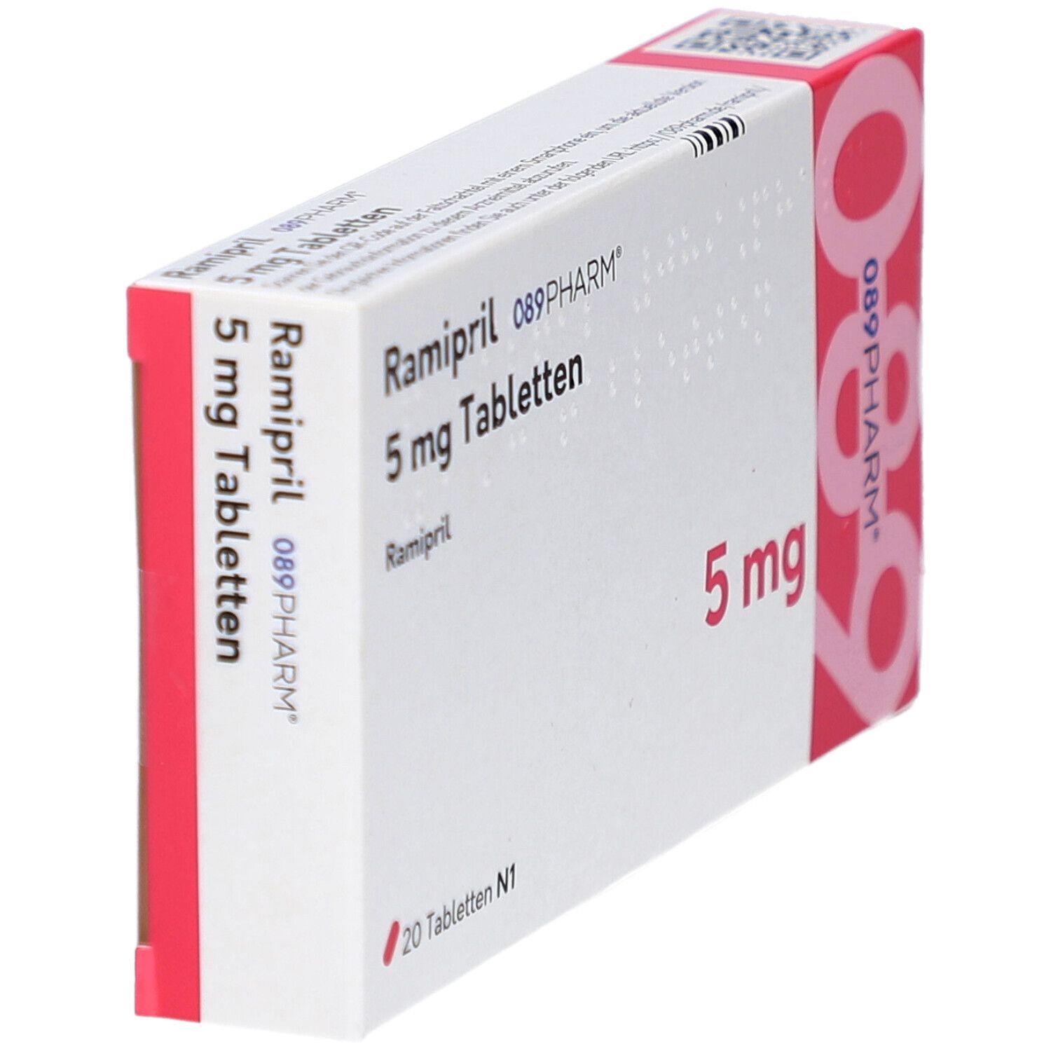 Schachtel mit Ramipril 5 mg Tabletten. Aufschrift: 089PHARM, 5 mg, 20 Tabletten N1. Schräge Ansicht.