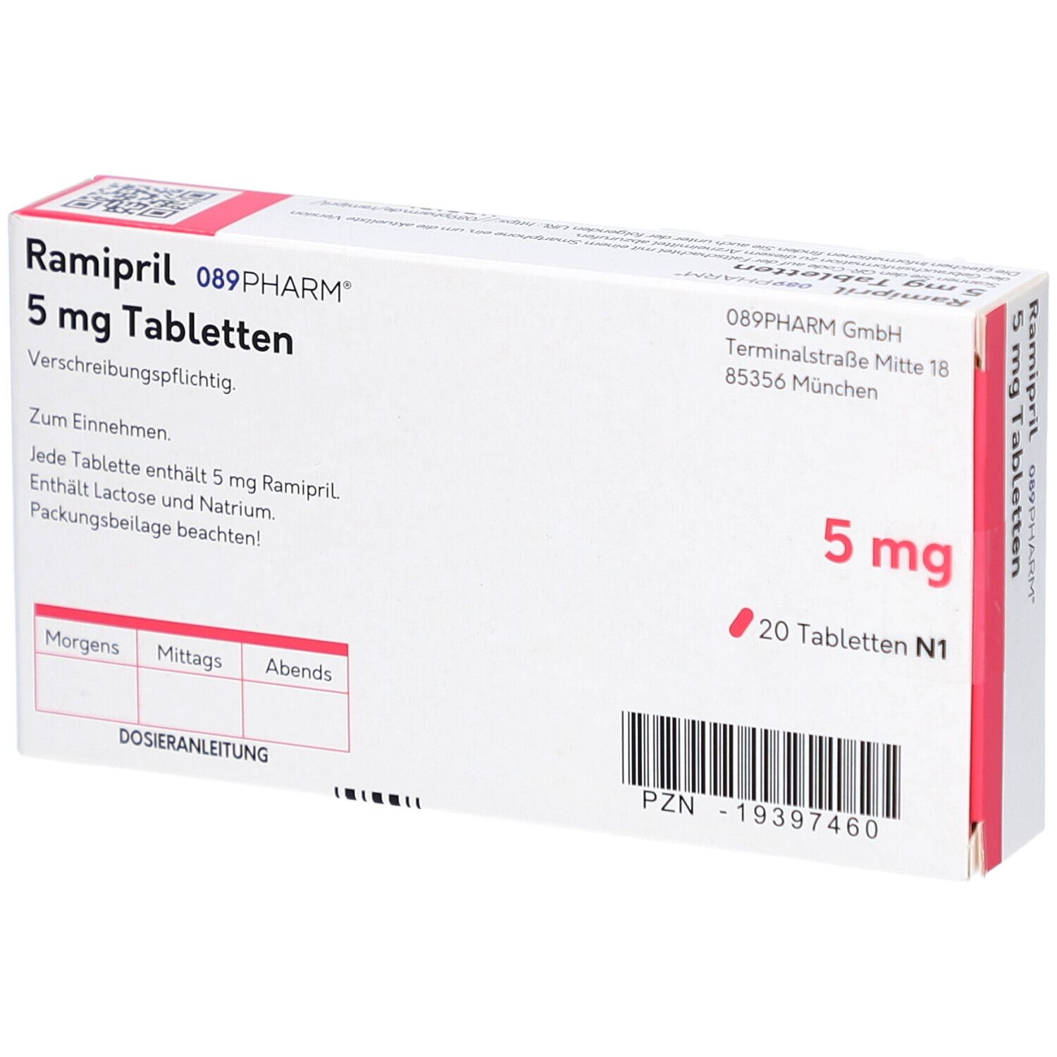 Schachtel mit Ramipril 5 mg Tabletten. Aufschrift: 089PHARM, 5 mg, 20 Tabletten N1. Detailinformationen.