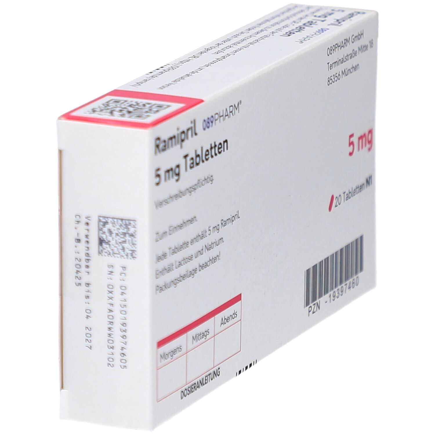 Schachtel mit Ramipril 5 mg Tabletten. Aufschrift: 089PHARM, 5 mg, 20 Tabletten N1. Schräge Ansicht.