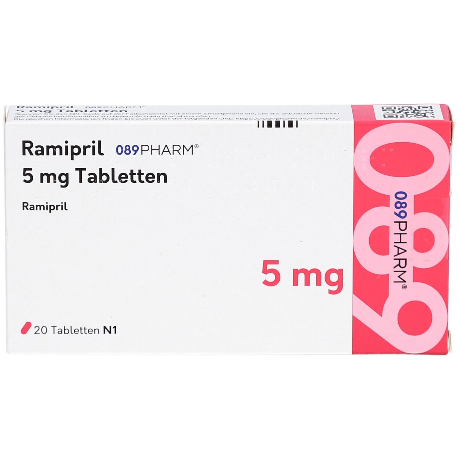 Schachtel mit Ramipril 5 mg Tabletten. Aufschrift: 089PHARM, 5 mg, 20 Tabletten N1. Draufsicht.