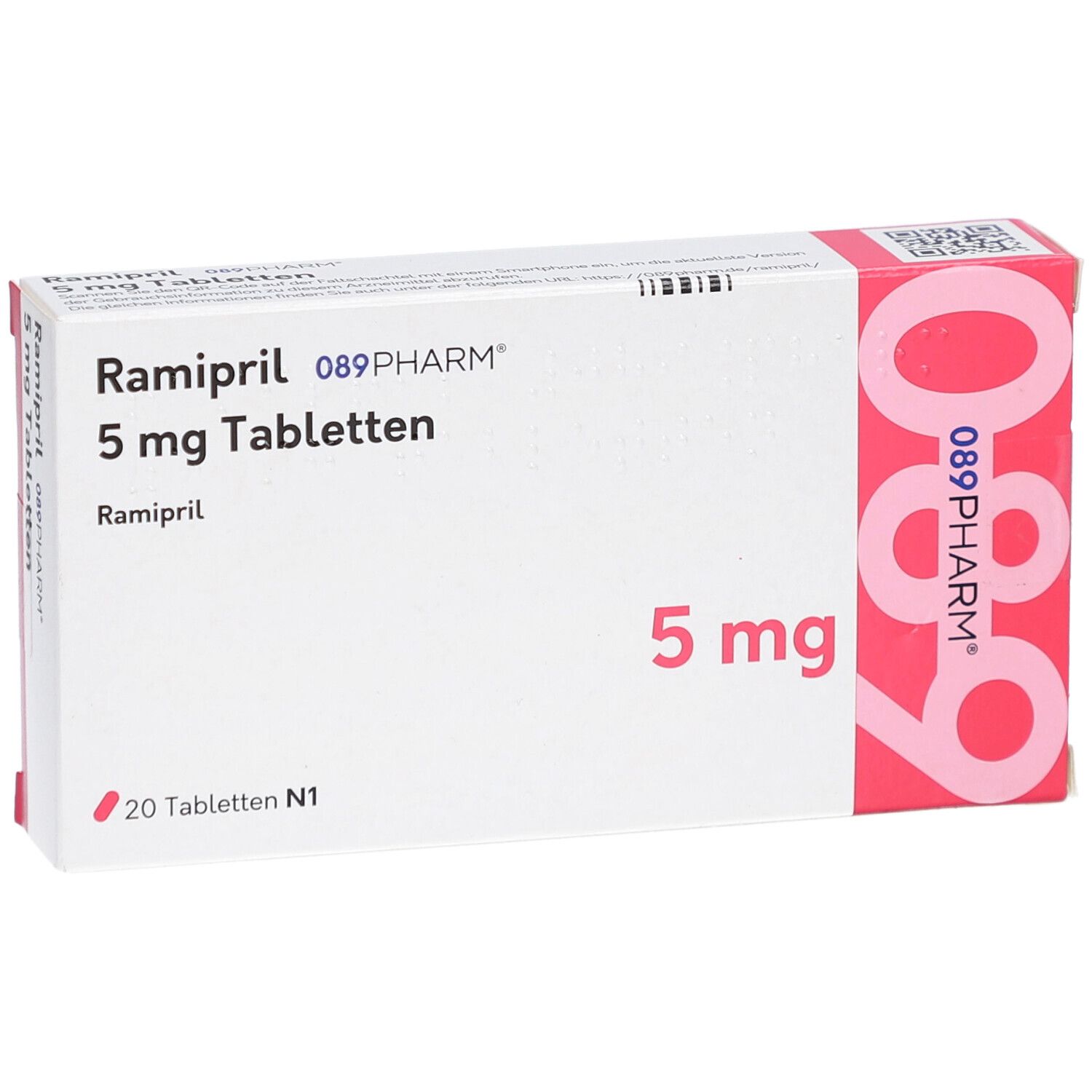 Schachtel mit Ramipril 5 mg Tabletten. Aufschrift: 089PHARM, 5 mg, 20 Tabletten N1. Perspektivisch.