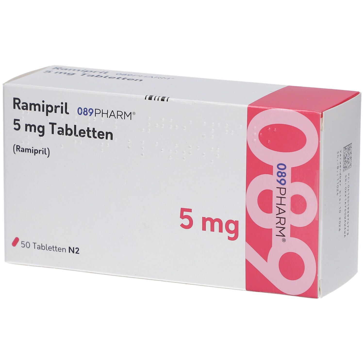 Schachtel Ramipril 089PHARM 5 mg Tabletten. Aufschrift: 5 mg, 50 Tabletten N2. Weiß, rot.