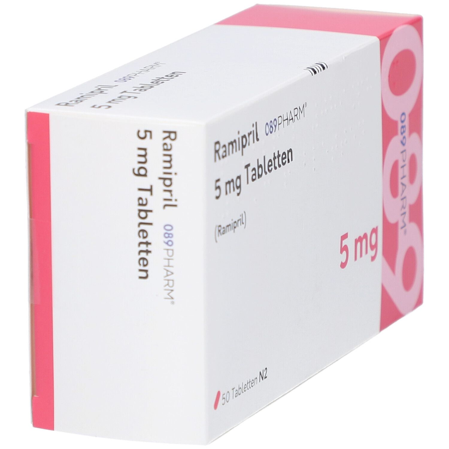 Schachtel Ramipril 089PHARM 5 mg Tabletten. Aufschrift: 5 mg. Weiß, rot. Perspektivische Ansicht.