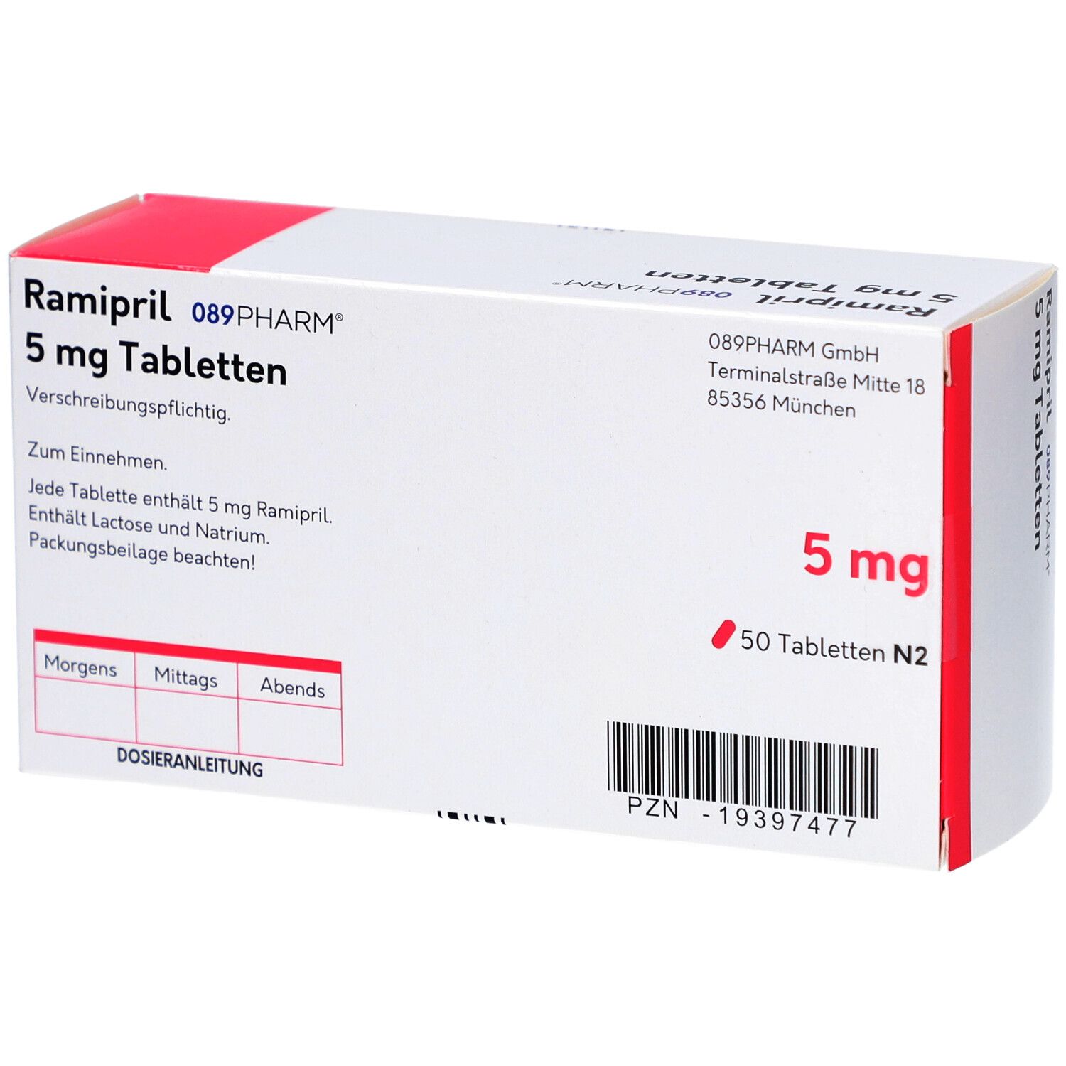 Schachtel Ramipril 089PHARM 5 mg Tabletten. Aufschrift: 5 mg, 50 Tabletten N2. Dosierungsanleitung. Weiß, rot.