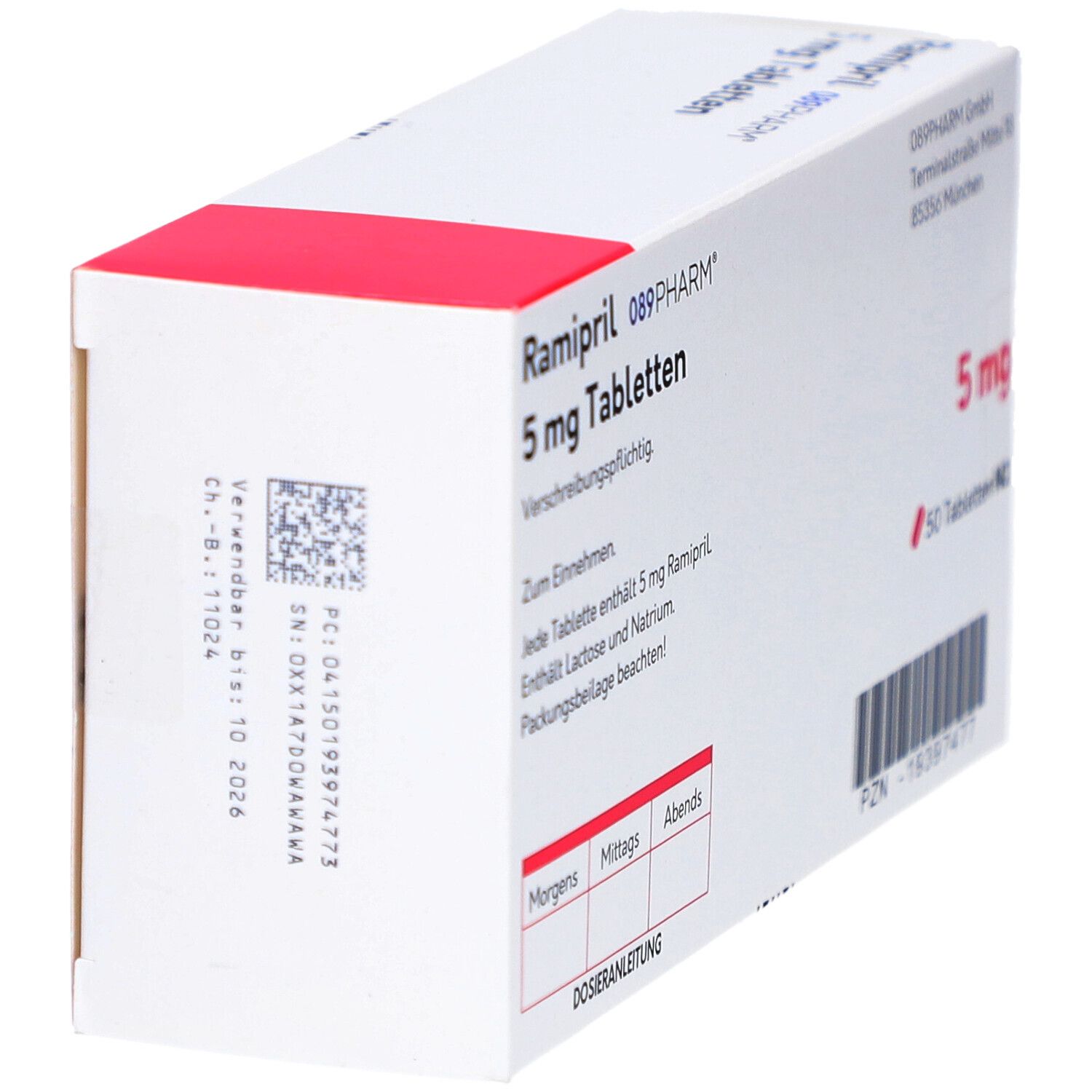 Schachtel Ramipril 089PHARM 5 mg Tabletten. Aufschrift: 5 mg. Rückseite mit Text und Barcode. Weiß, rot.