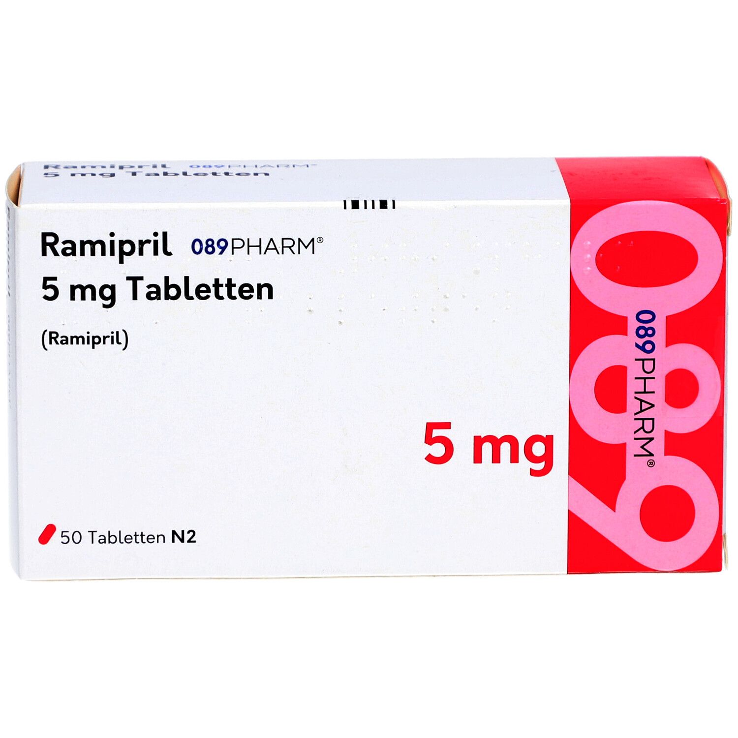 Schachtel Ramipril 089PHARM 5 mg Tabletten. Aufschrift: 5 mg, 50 Tabletten N2. Weiß, rot.