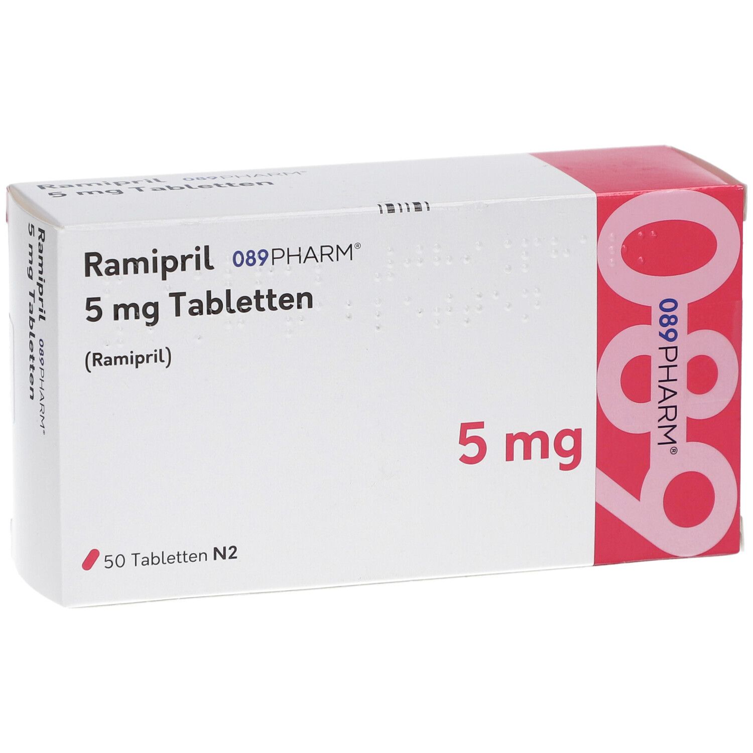 Schachtel Ramipril 089PHARM 5 mg Tabletten. Aufschrift: 5 mg, 50 Tabletten N2. Weiß, rot. Perspektivisch.