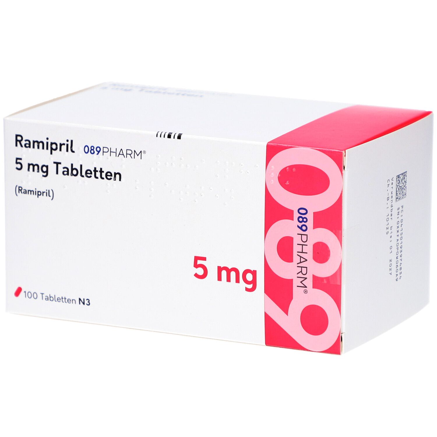 Weiße Schachtel mit roter Akzentfarbe. Aufschrift: Ramipril 5 mg Tabletten, 089PHARM. 100 Tabletten N3.