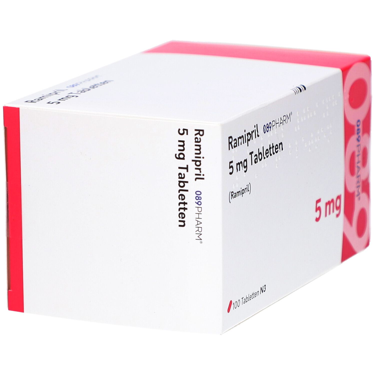 Weiße Schachtel mit roter Akzentfarbe. Aufschrift: Ramipril 5 mg Tabletten, 089PHARM. 100 Tabletten N3.