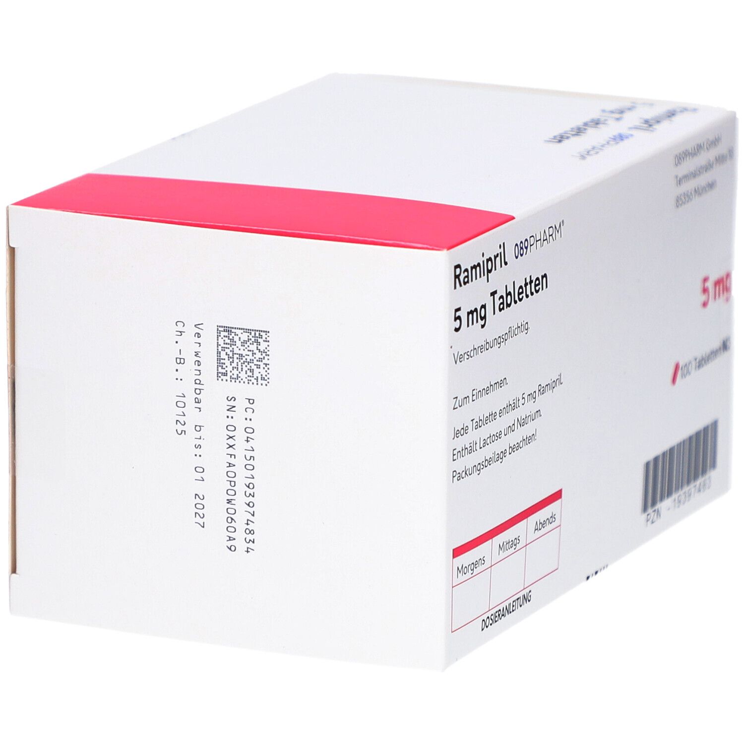 Weiße Schachtel mit roter Akzentfarbe. Aufschrift: Ramipril 5 mg Tabletten, 089PHARM. 100 Tabletten N3.