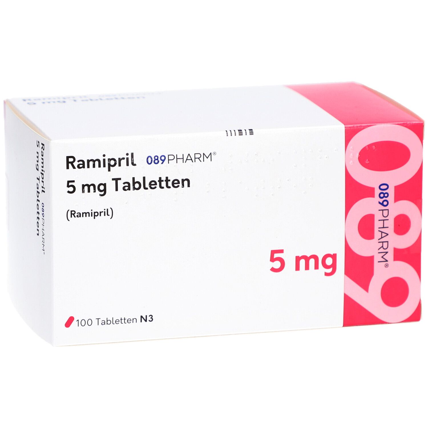 Weiße Schachtel mit roter Akzentfarbe. Aufschrift: Ramipril 5 mg Tabletten, 089PHARM. 100 Tabletten N3.