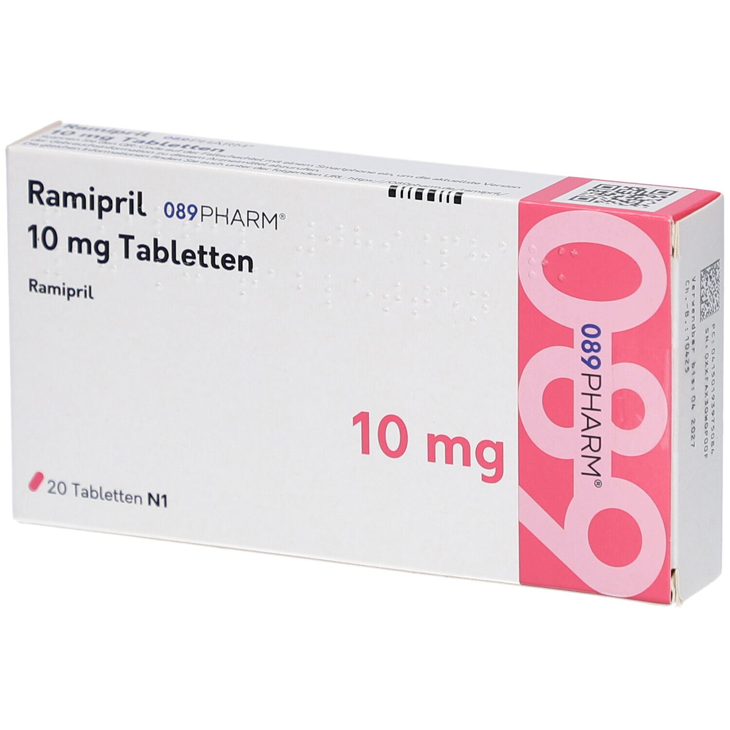 Schachtel mit RAMIPRIL 089PHARM 10 mg Tabletten. Aufschrift: 20 Tabletten N1. Rosa und weiße Verpackung.