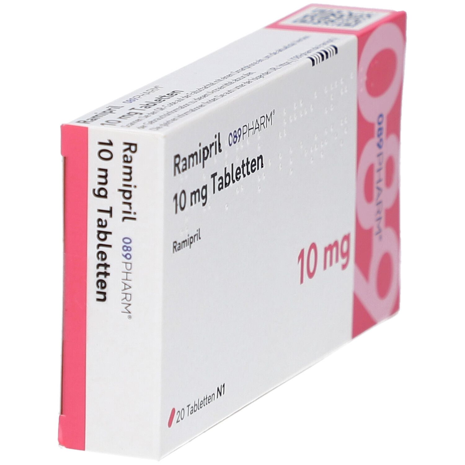 Schachtel RAMIPRIL 089PHARM 10 mg Tabletten. Rosa und weiße Verpackung. Aufschrift: 20 Tabletten N1.