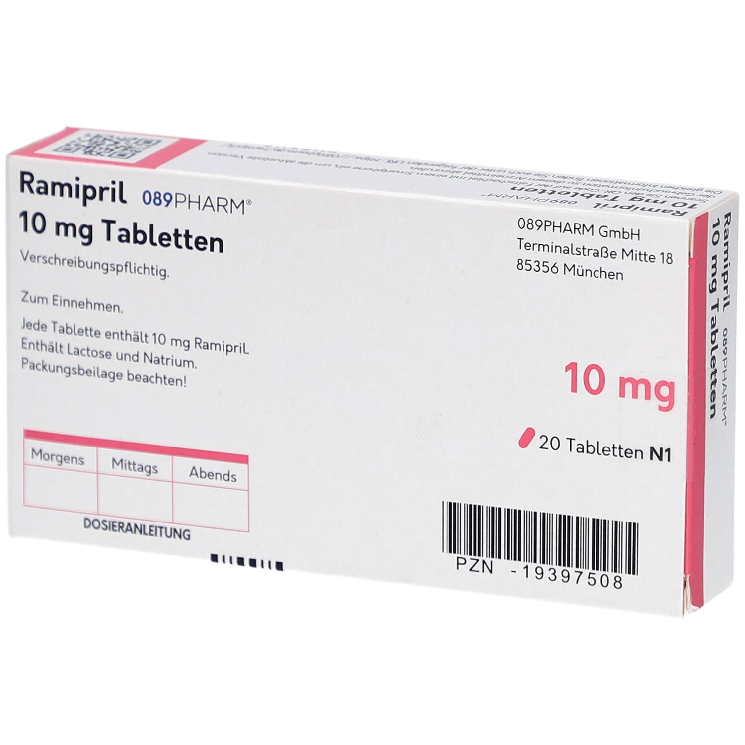 Schachtel RAMIPRIL 089PHARM 10 mg Tabletten. Aufschrift: 20 Tabletten N1. Enthält Informationen und Dosierungsanleitung.
