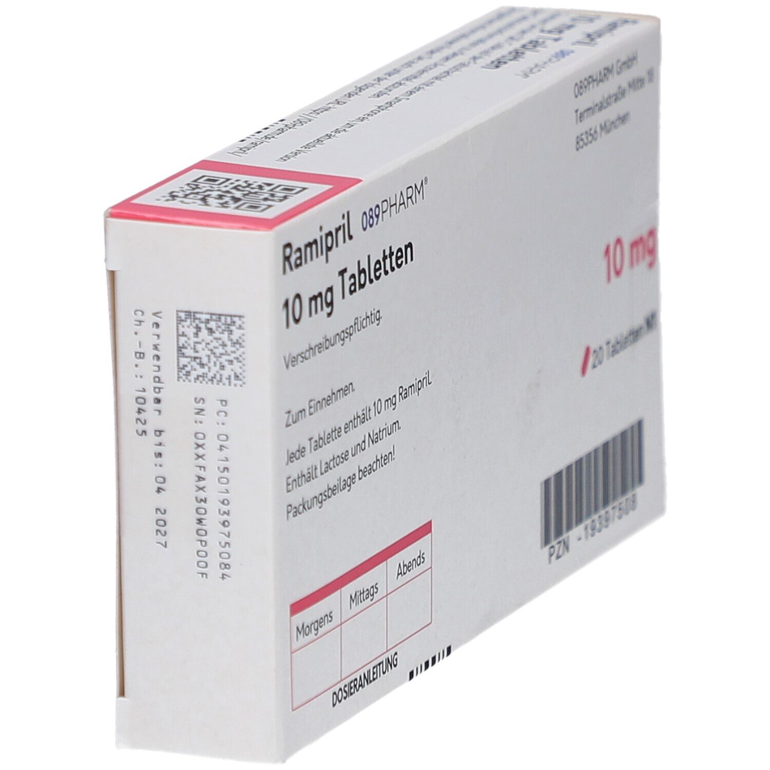Schachtel RAMIPRIL 089PHARM 10 mg Tabletten. Aufschrift: 20 Tabletten N1. Enthält Informationen und Dosierungsanleitung.