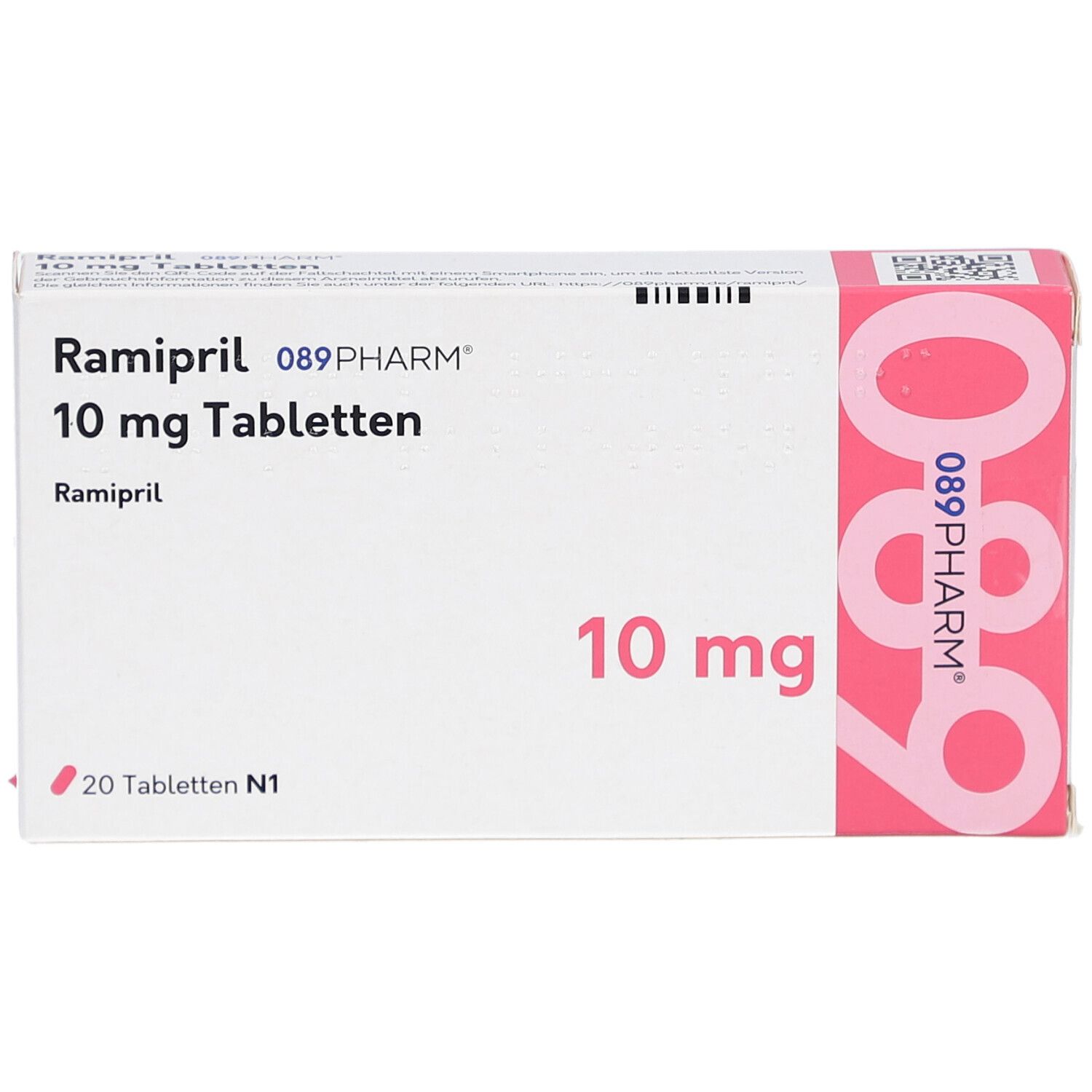 Schachtel RAMIPRIL 089PHARM 10 mg Tabletten. Aufschrift: 20 Tabletten N1. Rosa und weiße Verpackung.
