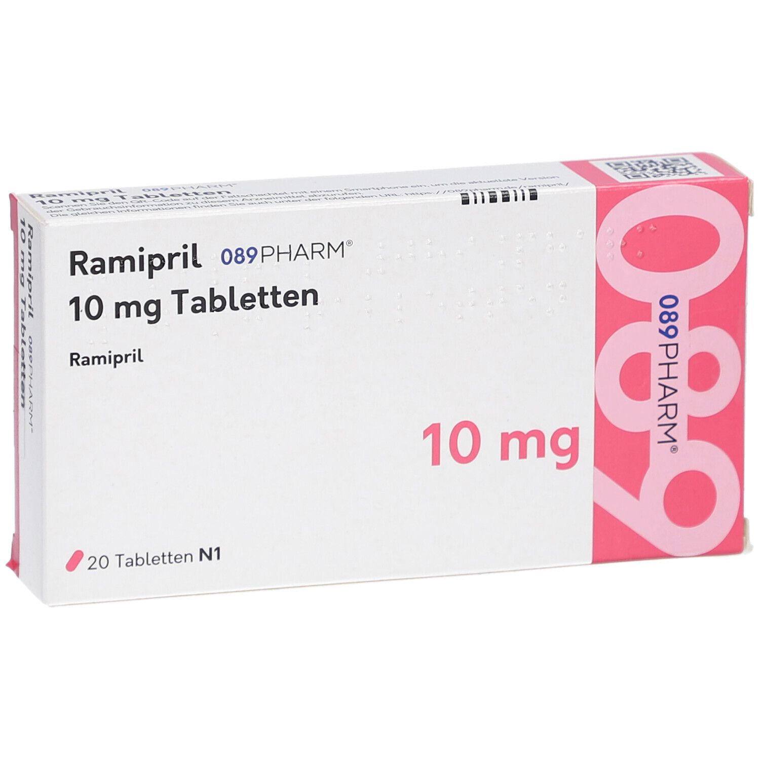 Schachtel RAMIPRIL 089PHARM 10 mg Tabletten. Aufschrift: 20 Tabletten N1. Rosa und weiße Verpackung.