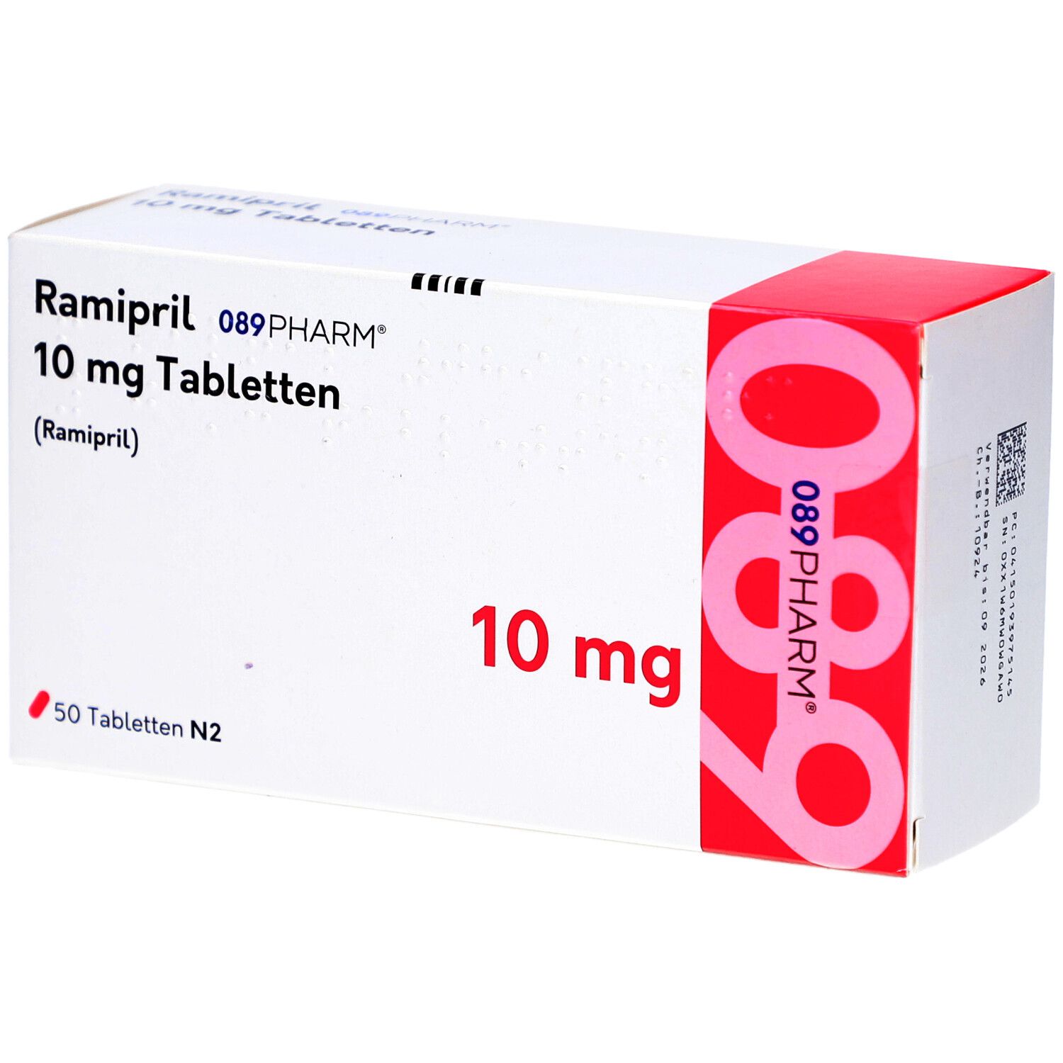 Schachtel mit Tabletten. Aufschrift: Ramipril 10 mg Tabletten, 089PHARM. Rote Akzente. 50 Tabletten.