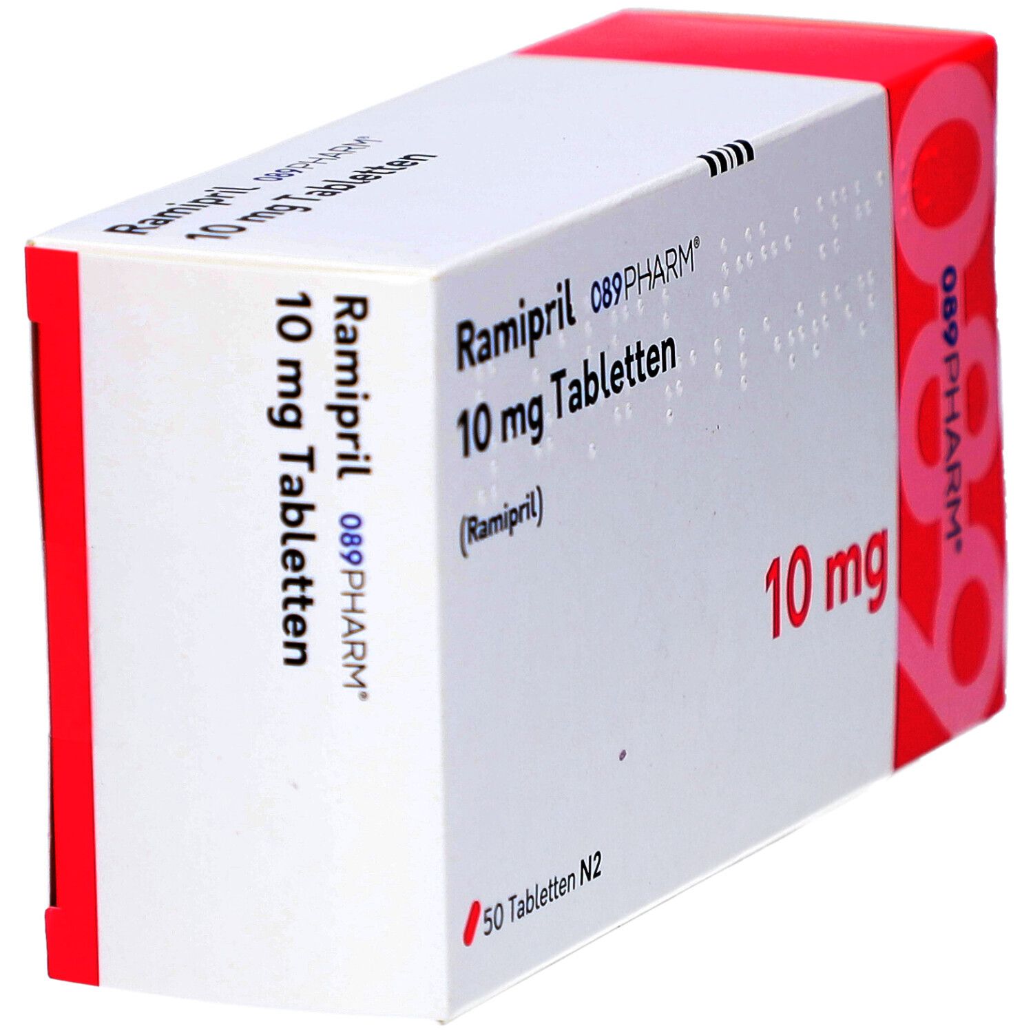 Schachtel mit Tabletten. Aufschrift: Ramipril 10 mg Tabletten, 089PHARM. Rote Akzente. 50 Tabletten.