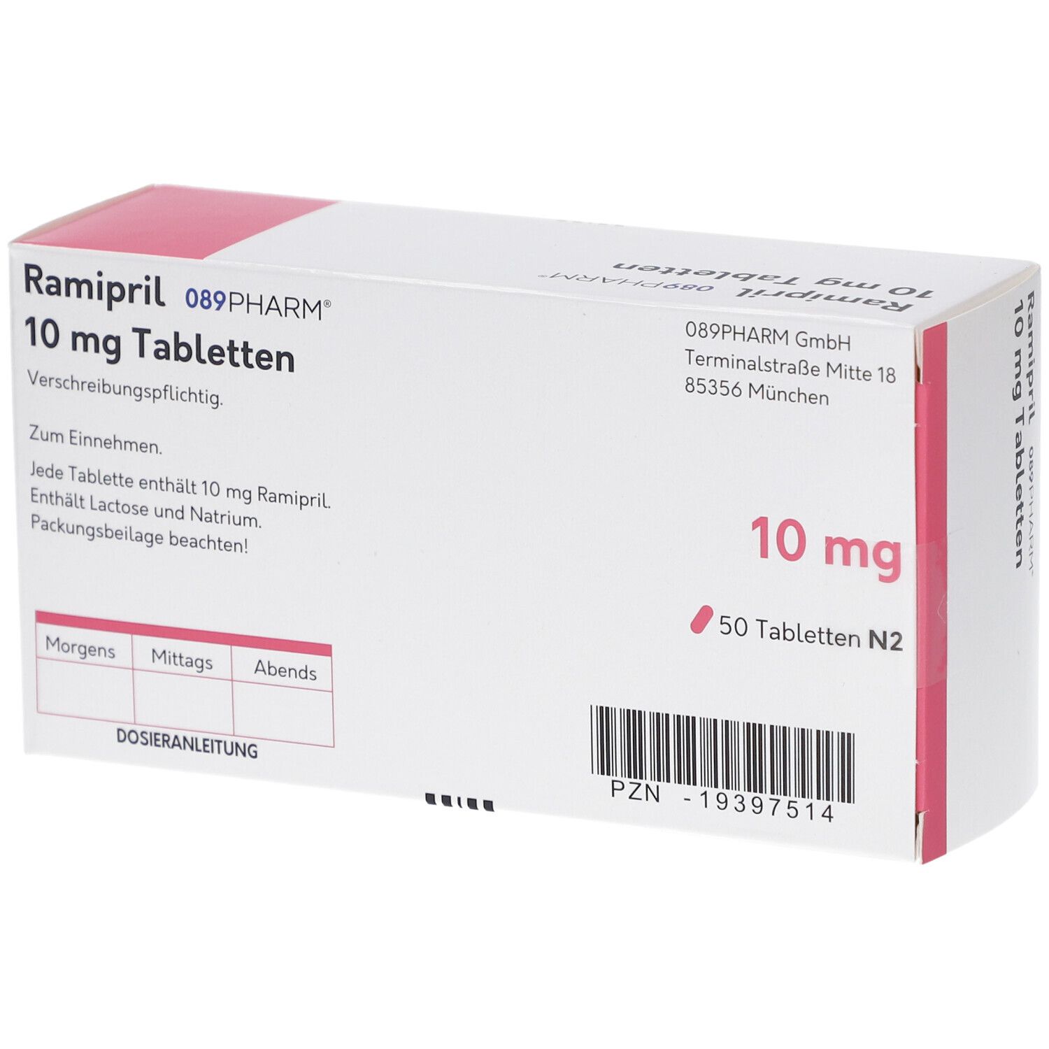 Tablettenschachtel. Aufschrift: Ramipril 10 mg Tabletten, 089PHARM. Dosierungsanleitung. 50 Tabletten.