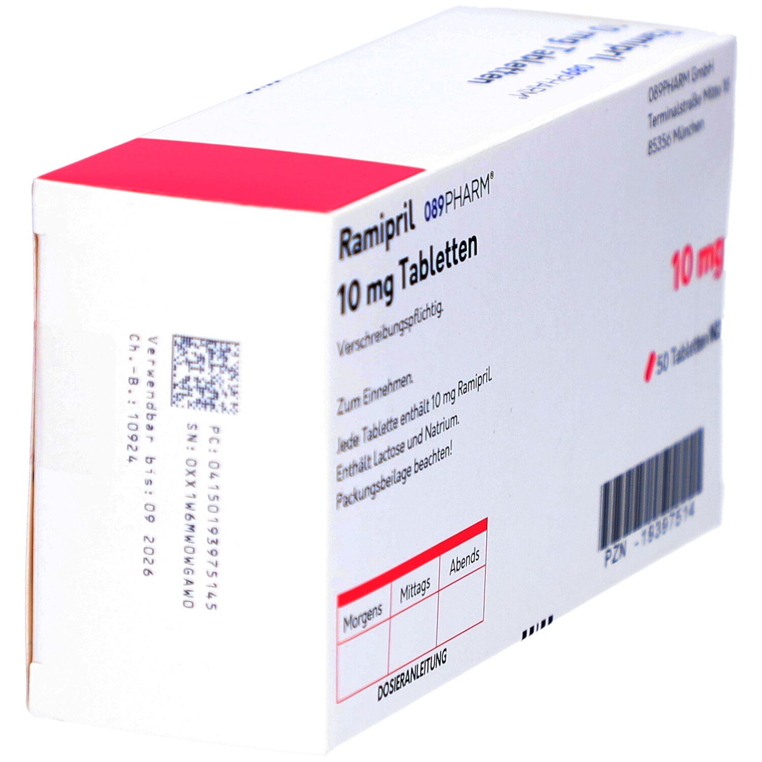 Tablettenschachtel. Aufschrift: Ramipril 10 mg Tabletten, 089PHARM. Dosierungsanleitung. 50 Tabletten.