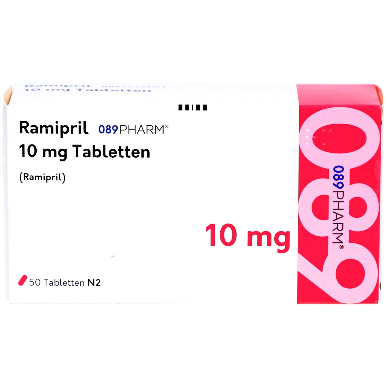 Tablettenschachtel. Aufschrift: Ramipril 10 mg Tabletten, 089PHARM. Rote Akzente. 50 Tabletten.
