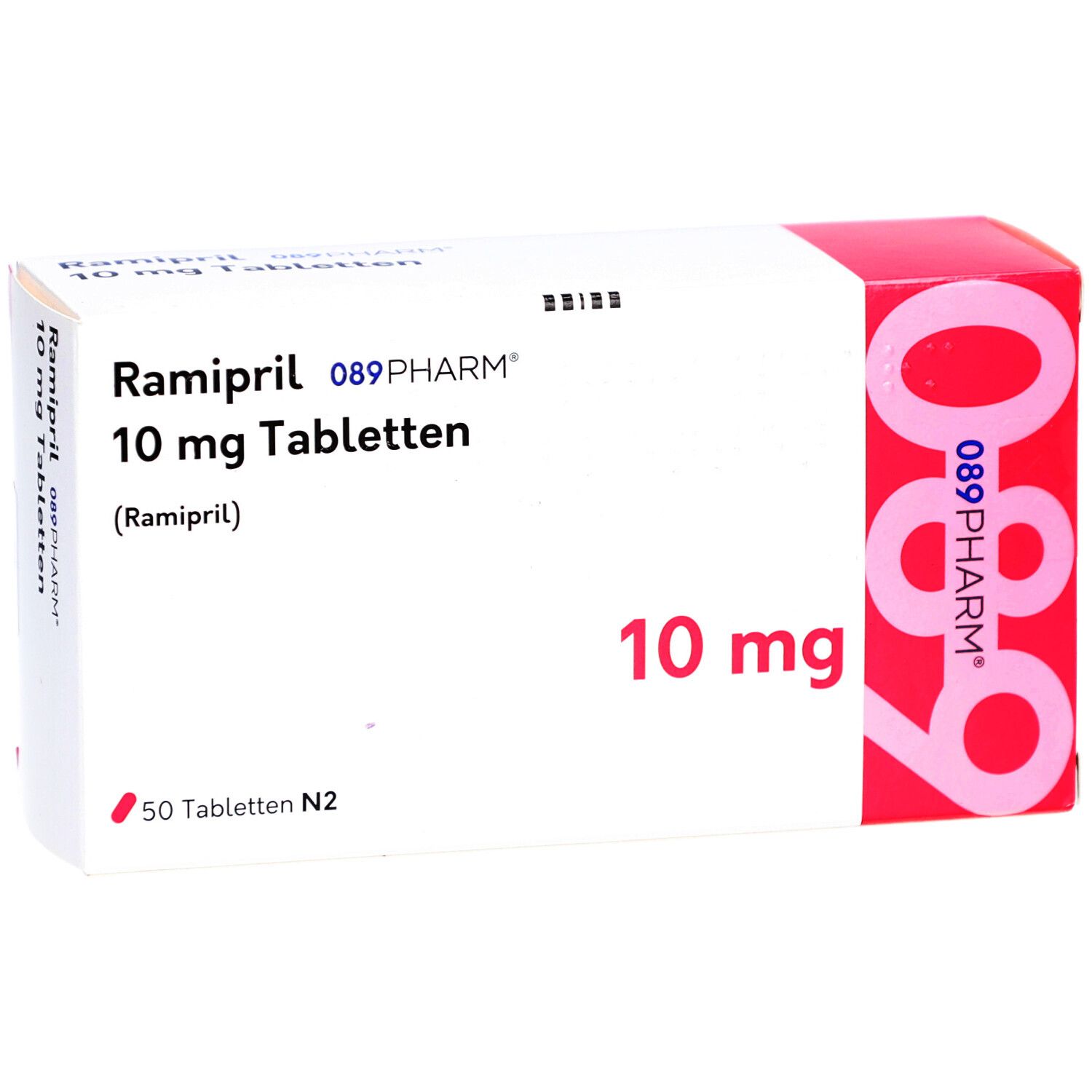 Tablettenschachtel. Aufschrift: Ramipril 10 mg Tabletten, 089PHARM. Rote Akzente. 50 Tabletten.
