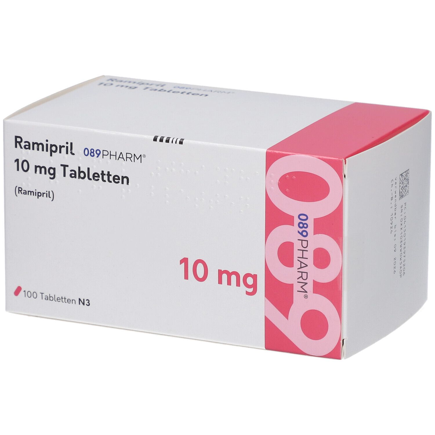 Schachtel mit Ramipril 10 mg Tabletten. Aufschrift: 089PHARM, 100 Tabletten N3. Rosa und weiße Verpackung.