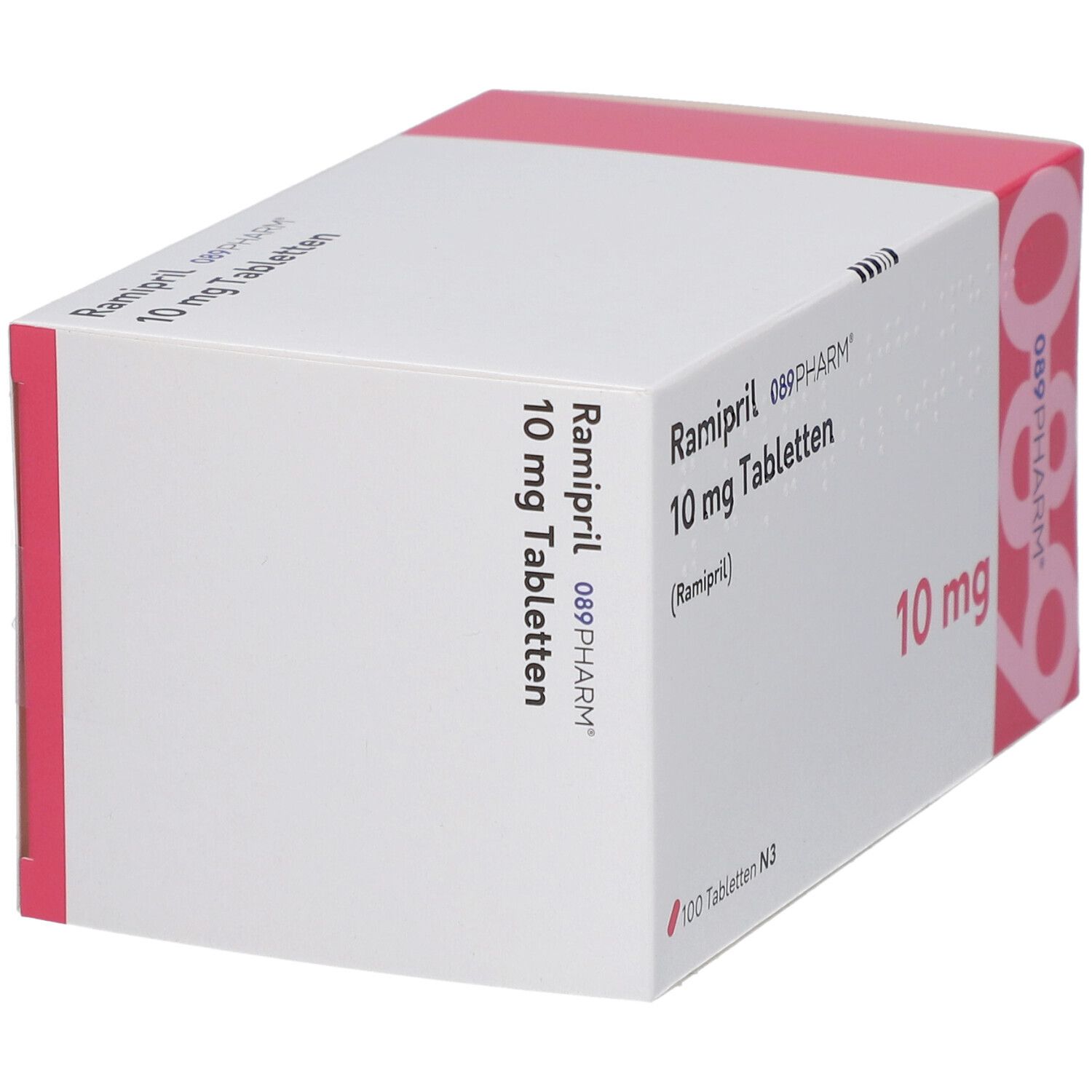 Schachtel mit Ramipril 10 mg Tabletten. Aufschrift: 089PHARM, 100 Tabletten N3. Rosa und weiße Verpackung.
