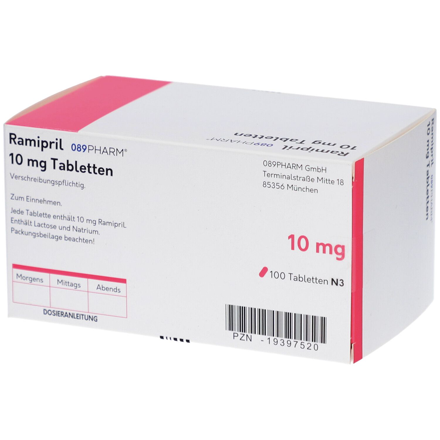 Schachtel mit Ramipril 10 mg Tabletten. Aufschrift: 089PHARM, 100 Tabletten N3. Rosa und weiße Verpackung.