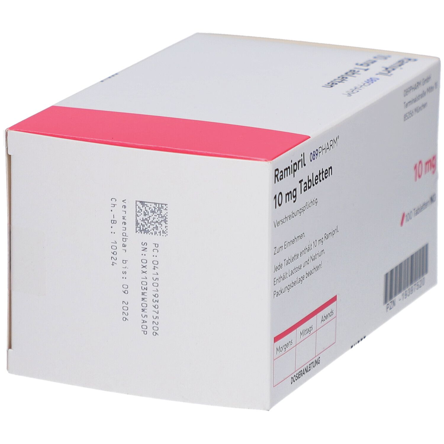 Schachtel mit Ramipril 10 mg Tabletten. Aufschrift: 089PHARM, 100 Tabletten N3. Rosa und weiße Verpackung.