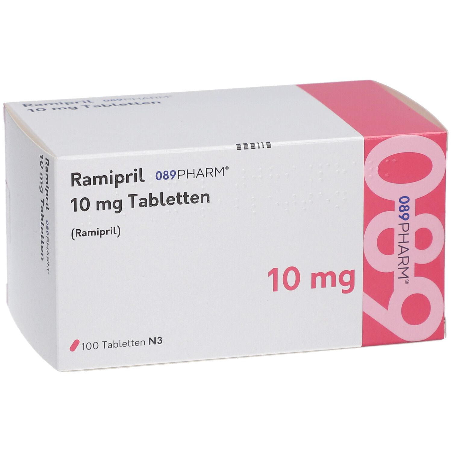 Schachtel mit Ramipril 10 mg Tabletten. Aufschrift: 089PHARM, 100 Tabletten N3. Rosa und weiße Verpackung.