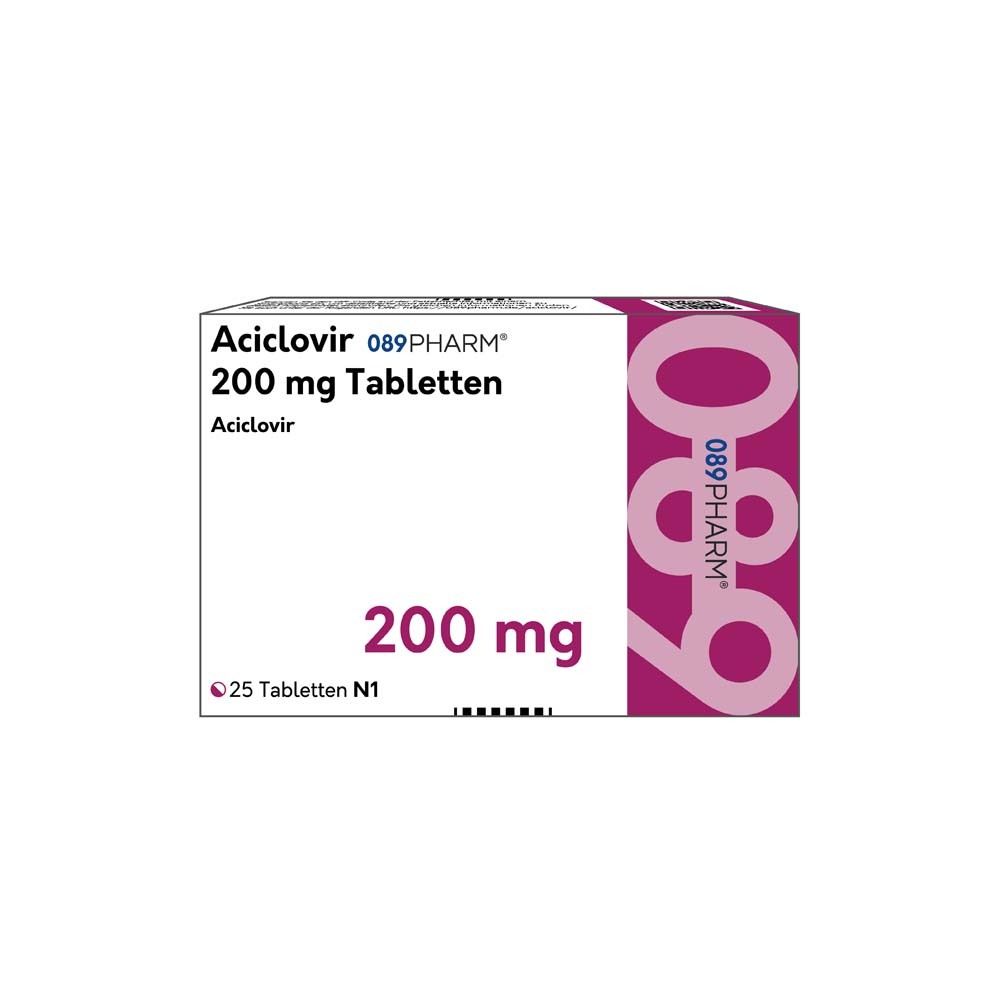 Schachtel mit Medikamenten. Aufschrift: Aciclovir 200 mg Tabletten, 089PHARM. Enthält 25 Tabletten.