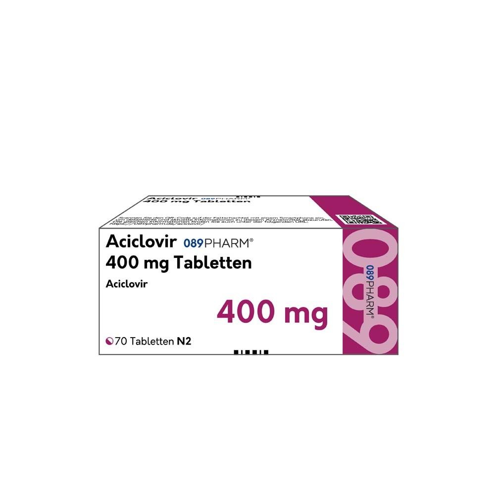 Schachtel mit "Aciclovir 089PHARM 400 mg Tabletten". Aufschrift: 400 mg, 70 Tabletten N2.