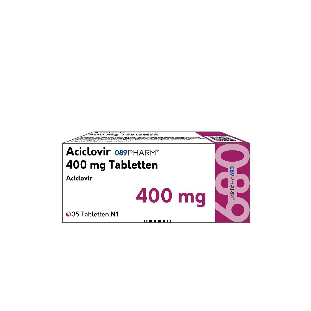 Schachtel mit ACICLOVIR 400 mg Tabletten. Aufschrift: 089PHARM, 35 Tabletten. Weiße Schachtel mit lila Akzenten.