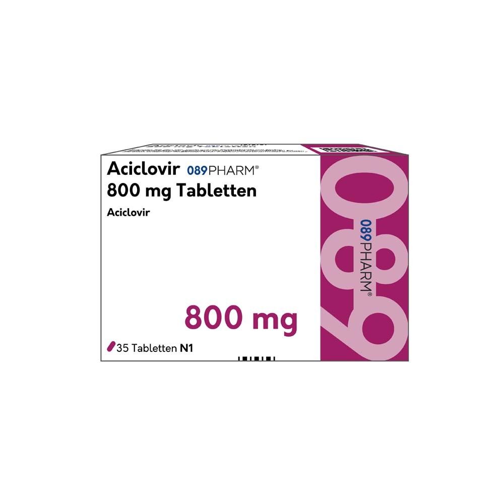 Weiße Tablettenbox mit Aufschrift 'Aciclovir 089PHARM 800 mg Tabletten'. 35 Tabletten N1. Rosa Akzent.