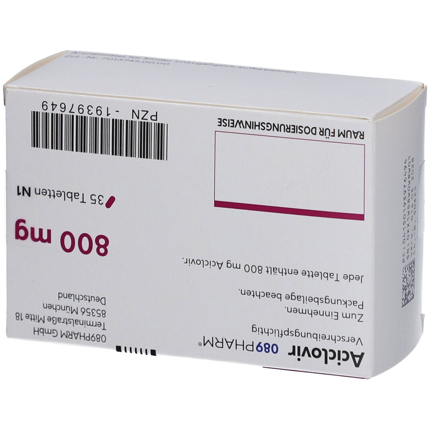 Schachtel mit ACICLOVIR 089PHARM 800 mg Tabletten. Aufschrift: 800 mg, 35 Tabletten N1. Barcode und PZN-Nummer. Text in Deutsch.