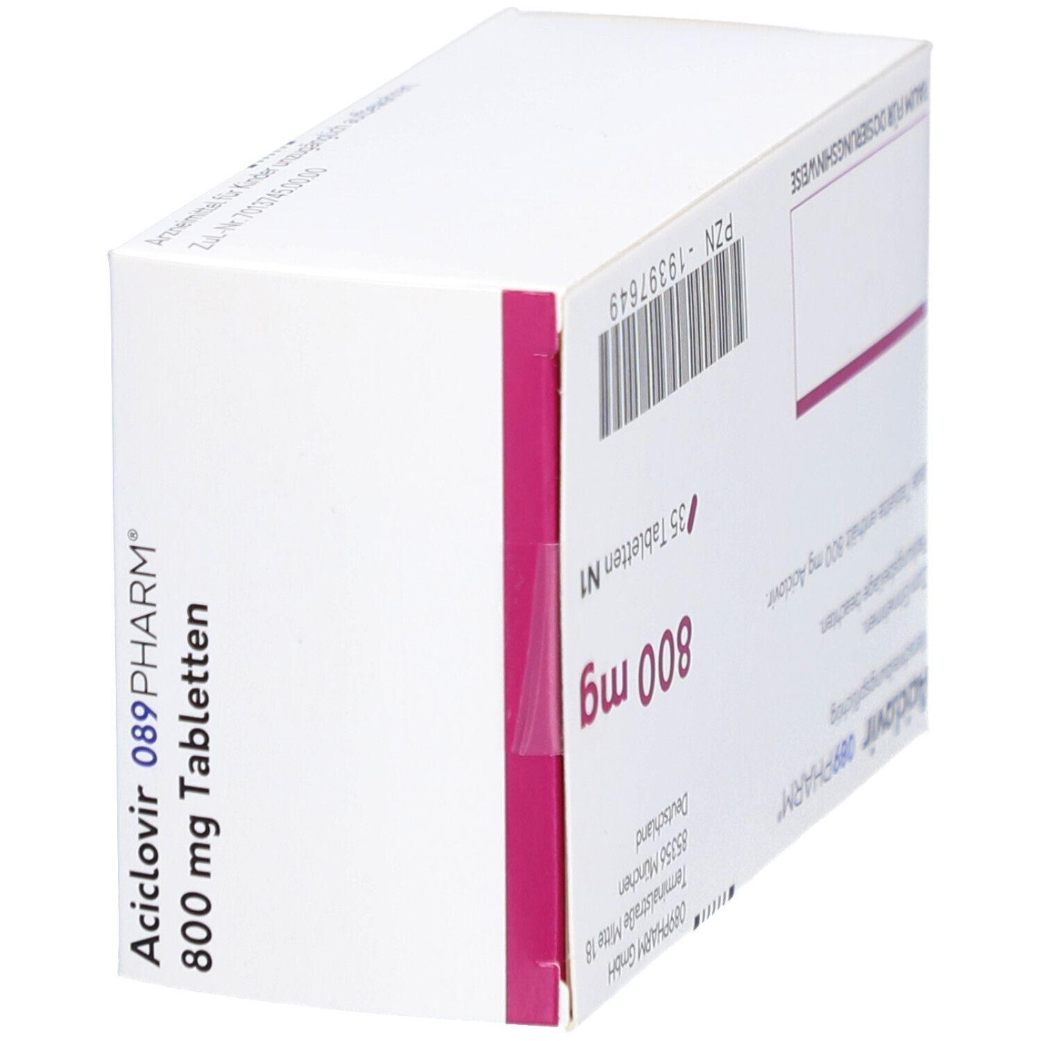 Schachtel ACICLOVIR 089PHARM 800 mg Tabletten. Seitenansicht. Aufschrift: 800 mg, 35 Tabletten N1. Barcode und PZN-Nummer. Text in Deutsch.
