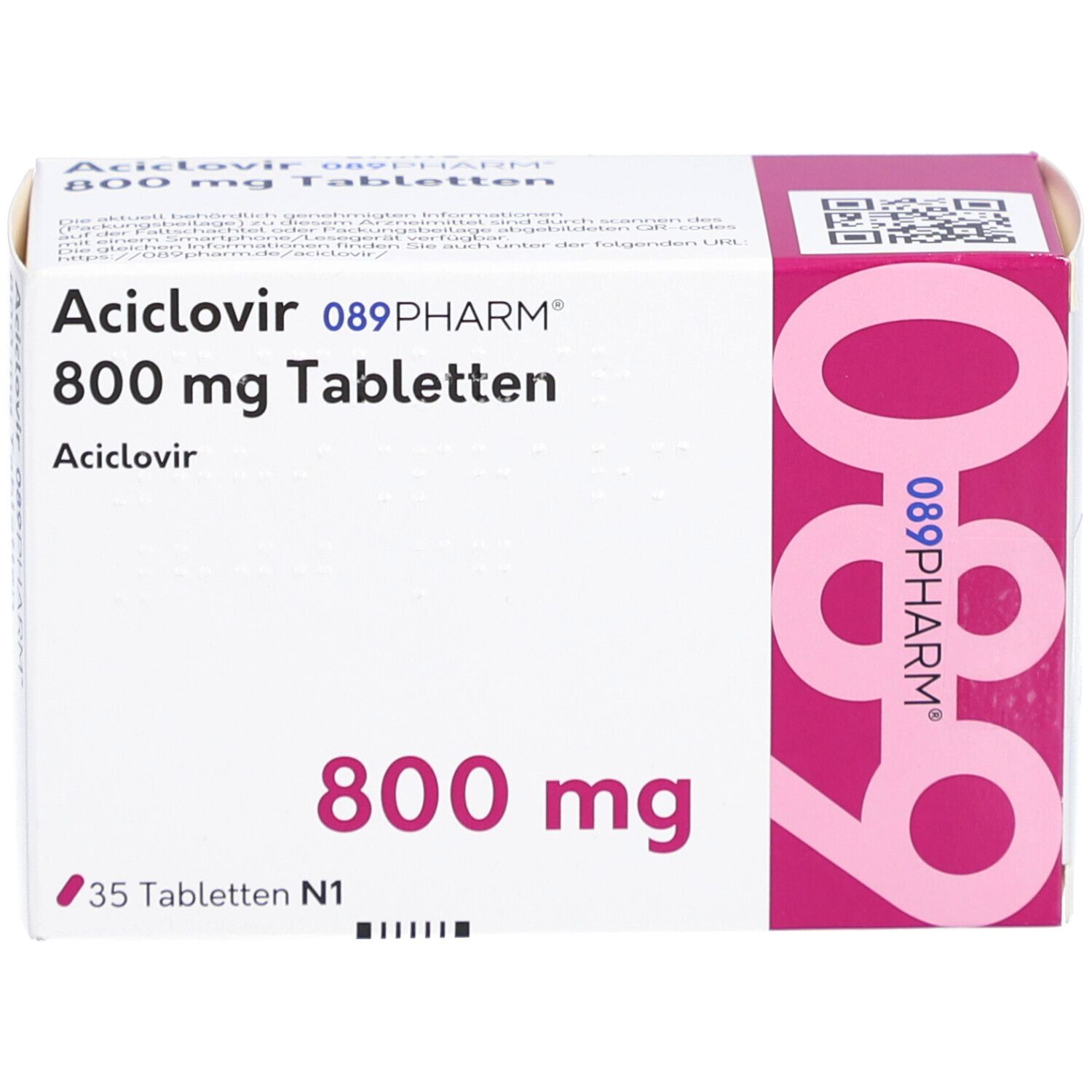 Schachtel ACICLOVIR 089PHARM 800 mg Tabletten. Aufschrift: 800 mg, 35 Tabletten N1. Logo 089PHARM. Text in Deutsch.