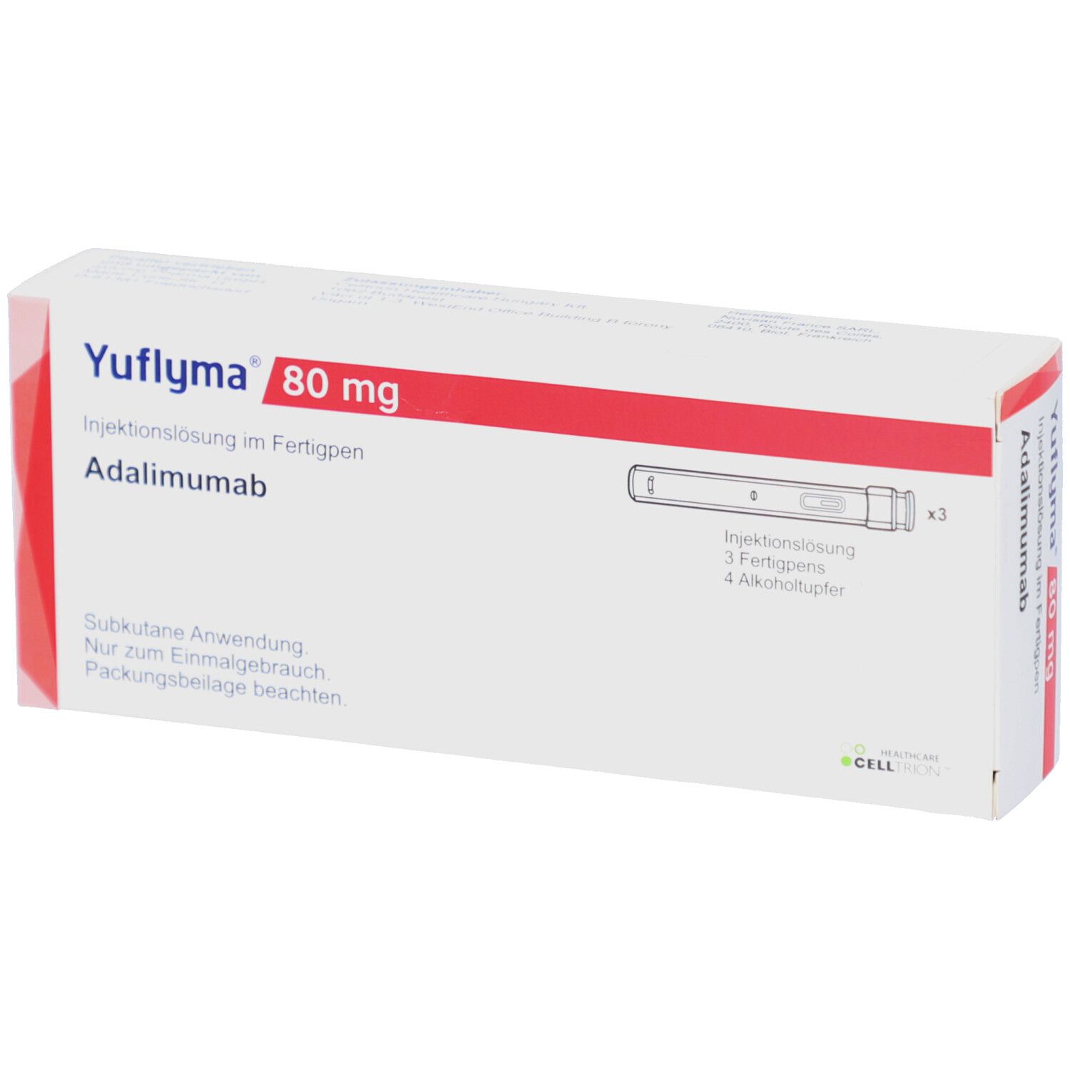 Verpackung von YUFLYMA 80 mg. Enthält 3 Fertigpens und 4 Alkoholtupfer. Weiße Schachtel mit roter Akzentfarbe.
