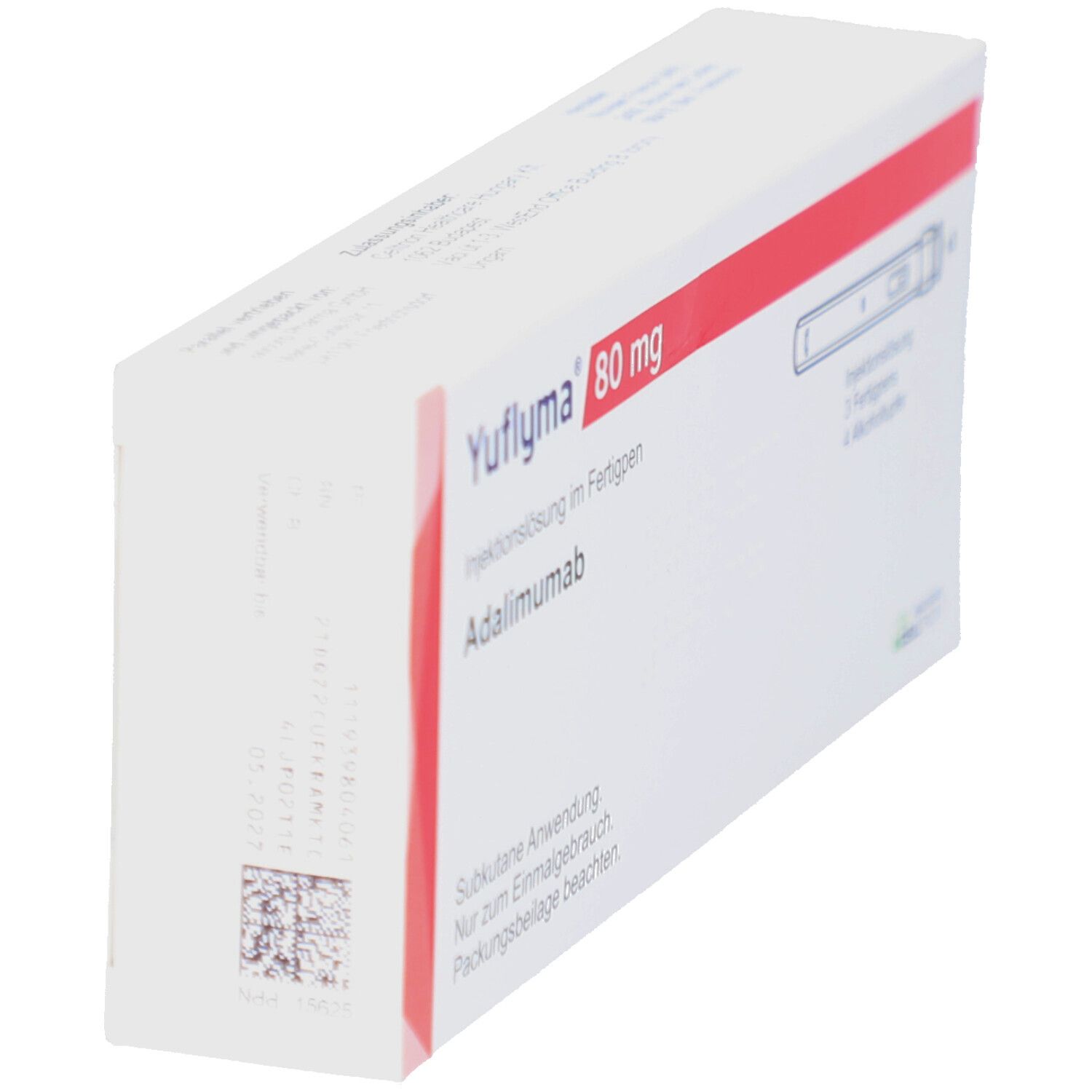 Schachtel YUFLYMA 80 mg, weiße Verpackung mit rotem Streifen. Text: YUFLYMA, 80 mg, Adalimumab. Barcode und QR-Code.