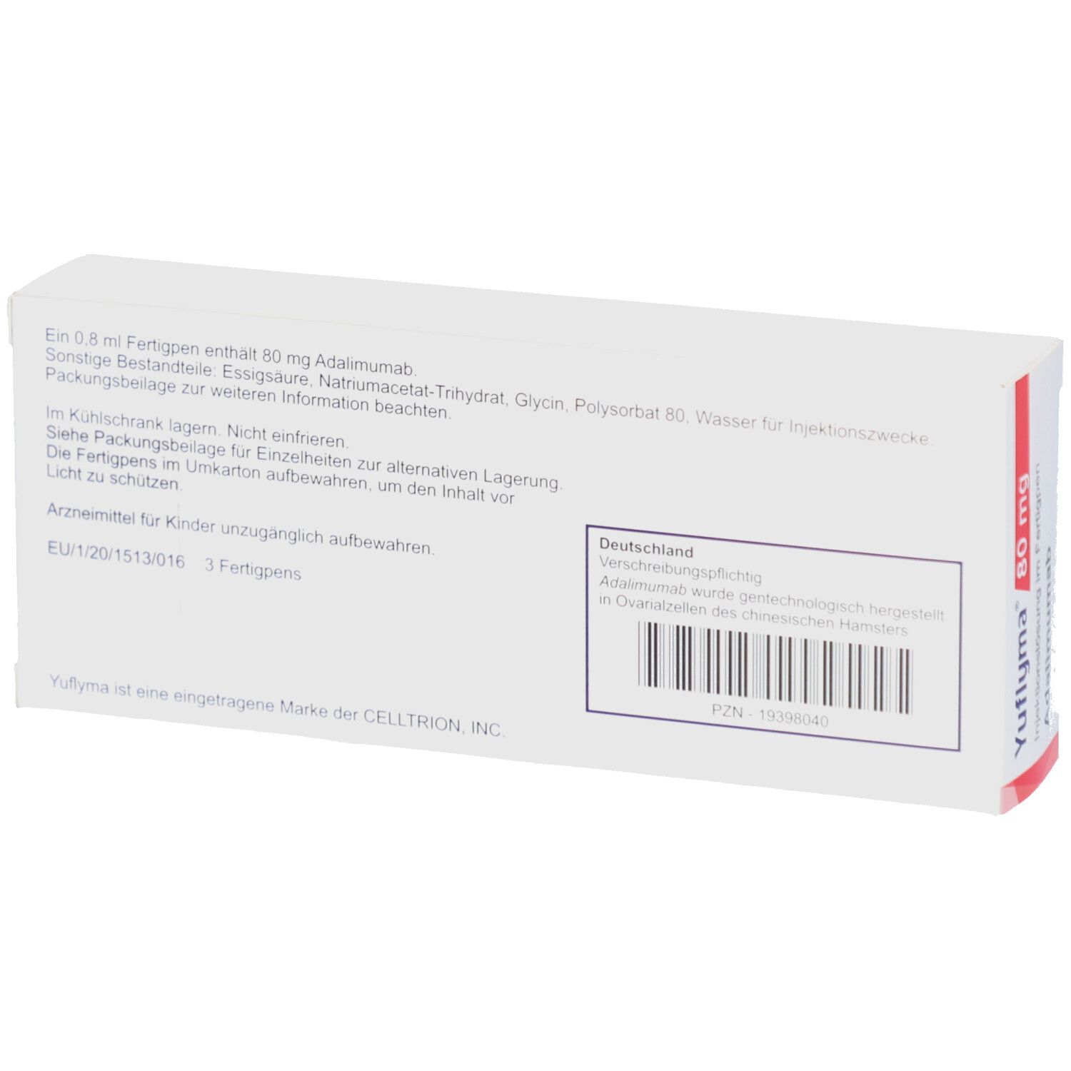 Rückseite der YUFLYMA 80 mg Verpackung. Enthält Informationen zu Inhaltsstoffen und Lagerung. Barcode und Chargennummer.