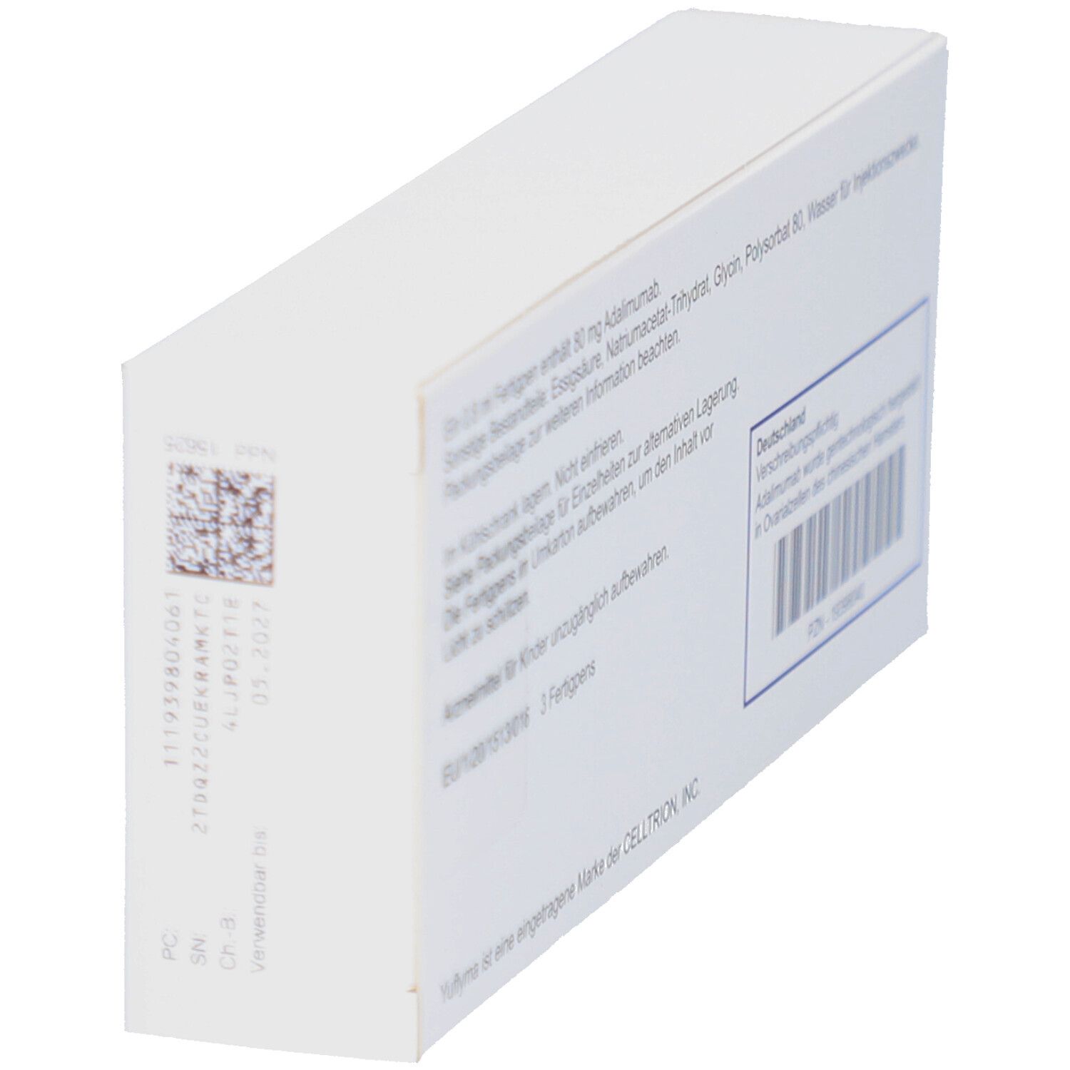 Rückseite der YUFLYMA 80 mg Verpackung. Barcode, Chargennummer und Verfallsdatum. Weiße Verpackung.