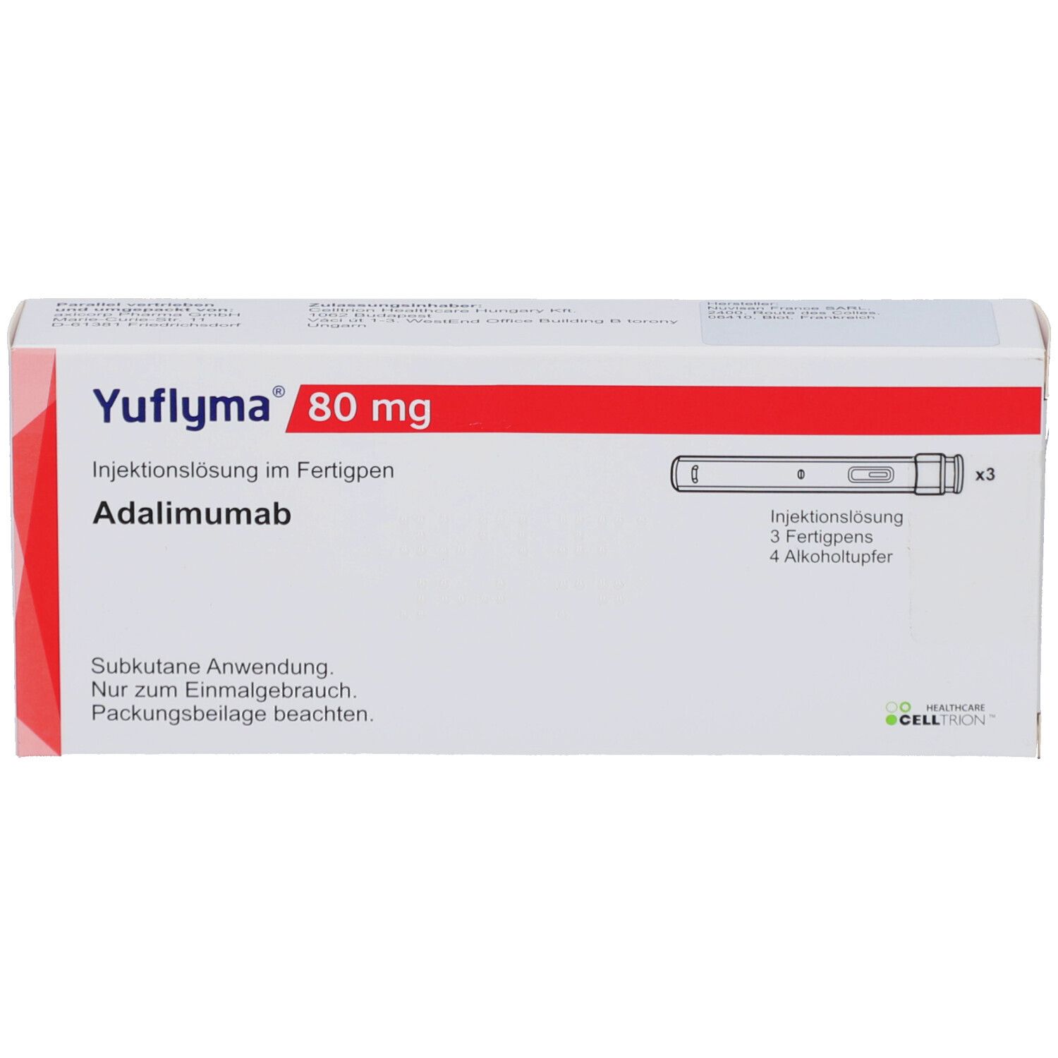 YUFLYMA 80 mg Verpackung. Weiße Schachtel mit roter Akzentfarbe. Enthält 3 Fertigpens und 4 Alkoholtupfer.