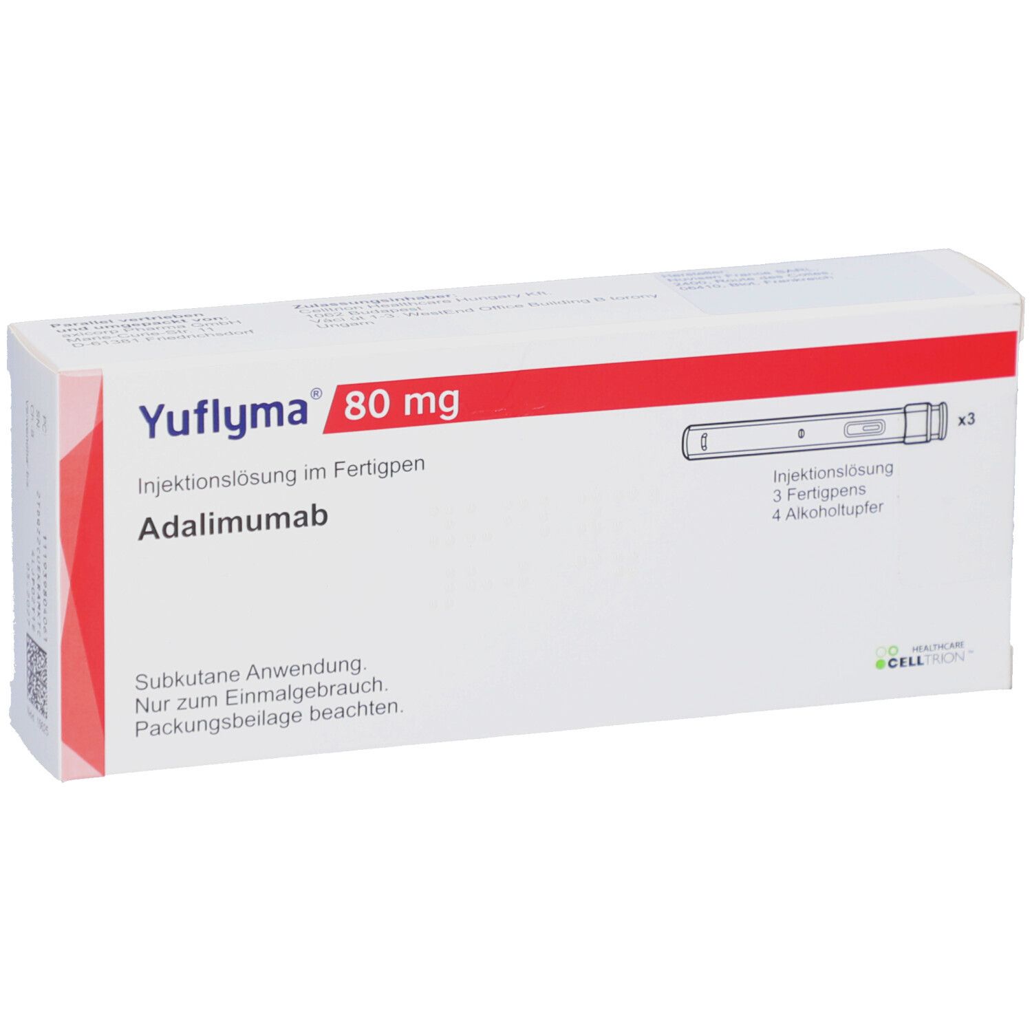 YUFLYMA 80 mg Verpackung. Weiße Schachtel mit roter Akzentfarbe. Enthält 3 Fertigpens und 4 Alkoholtupfer.