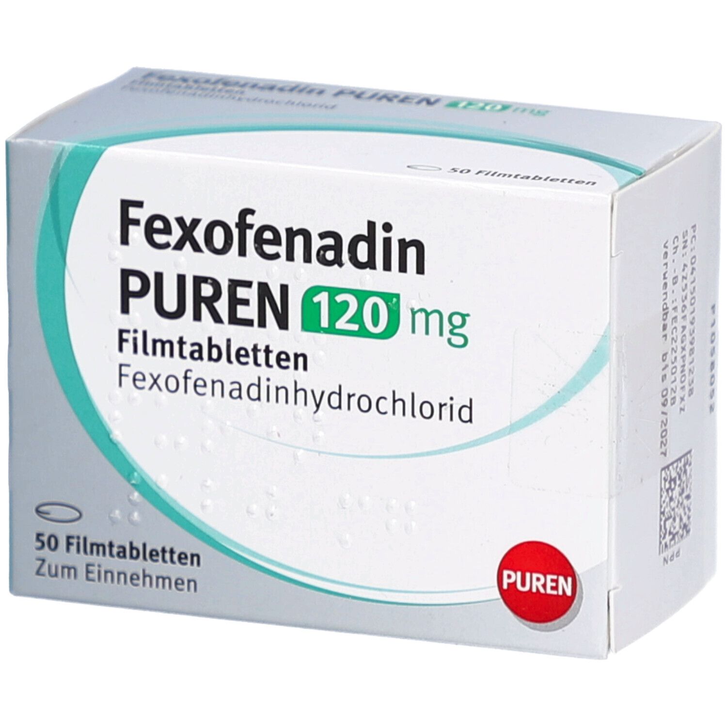 Schachtel mit Fexofenadin PUREN 120 mg Filmtabletten. Aufschrift: Fexofenadin, PUREN, 120 mg. 50 Filmtabletten. PUREN-Logo.
